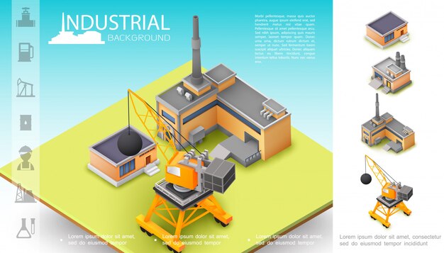 Isometric industrial manufacturing composition with plant construction crane warehouse and oil industry icons