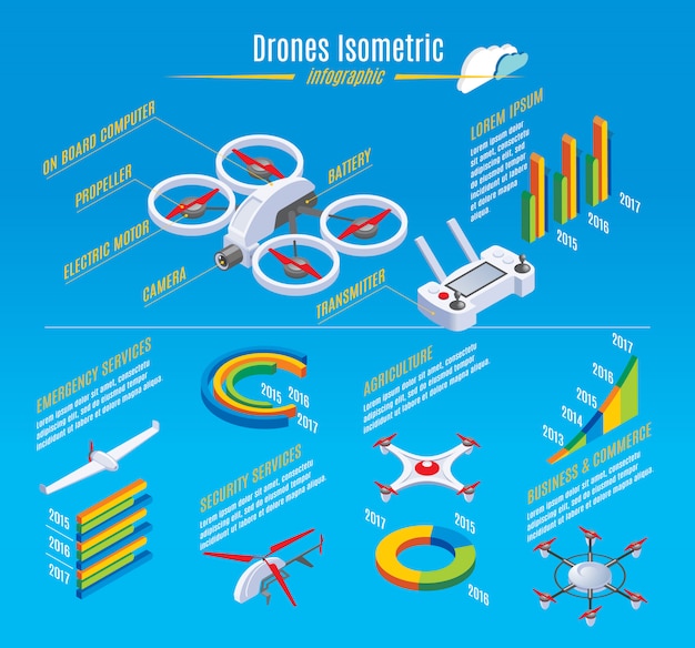 Free Vector isometric infographic drones template with quadrocopter construction