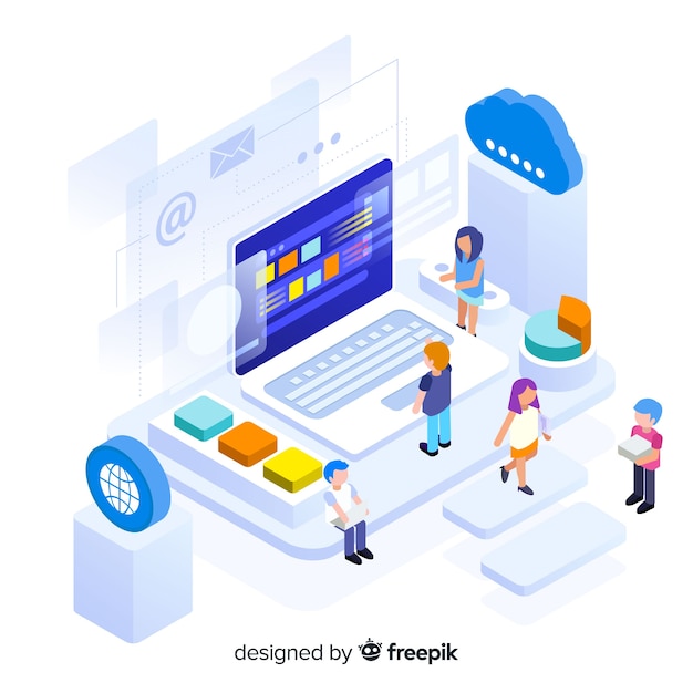 Isometric infographic with charts and people