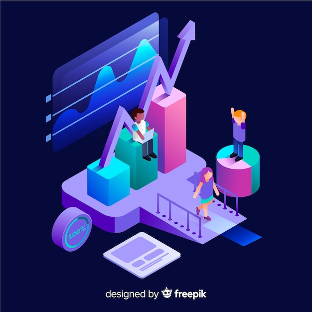 Isometric infographic with charts and people