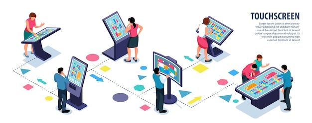 Free vector isometric interactive users with touchscreen and infographics illustration