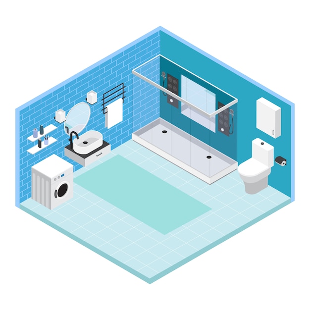 Isometric interior Bathroom composition with tile on walls with shower and washing machine