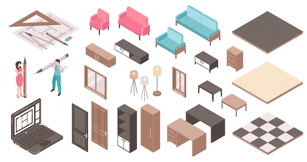 Free Vector isometric interior design project set icons with furniture plans and accessories isolated vector illustration