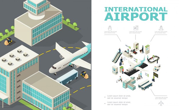 Isometric international airport composition with airplane bus buildings check-in desk custom and passport controls passengers departure board baggage conveyor belt