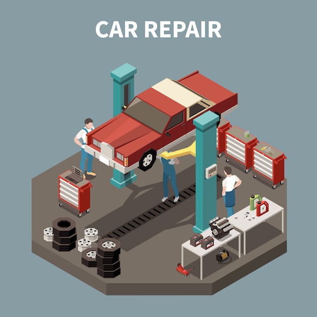 Isometric and isolated car service concept with car repair description work environment  illustration