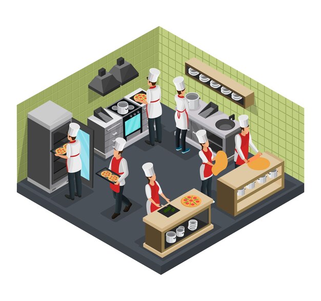 Isometric italian restaurant cooking room template with professional cooks preparing pizza isolated