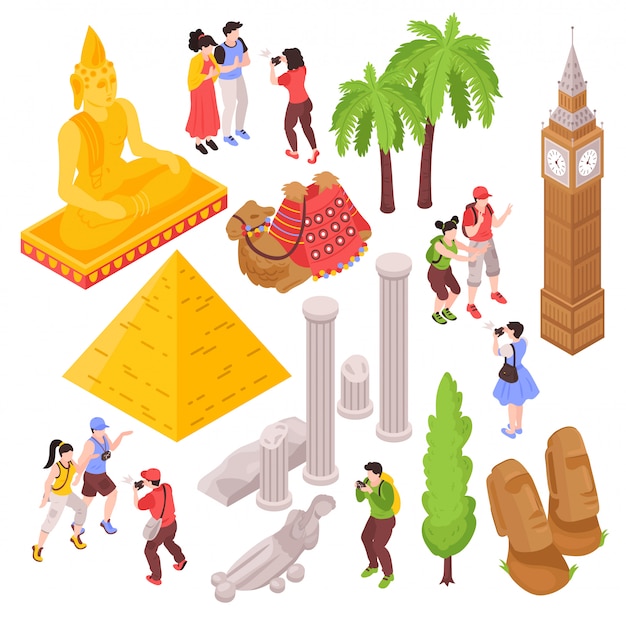 Free Vector isometric journey travel attractions set with isolated images of tourists and famous sightseeing places of interest