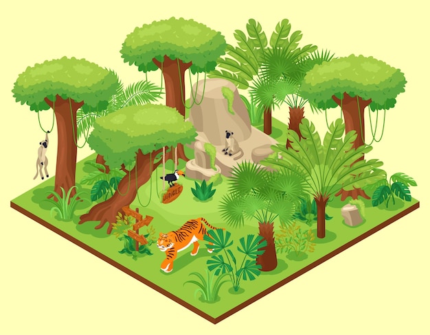 Free Vector isometric jungle composition with square platform with wild nature landscape tropical trees plants and exotic animals