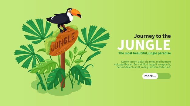 Isometric jungle horizontal banner with toucan