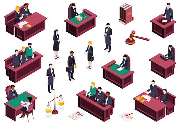 Free Vector isometric justice law set of isolated icons human characters of trial participants wooden tribunes and documents vector illustraion