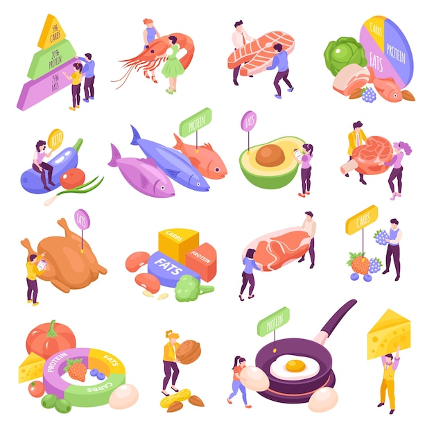 Isometric keto diet icons set with high fats nutrition isolated vector illustration