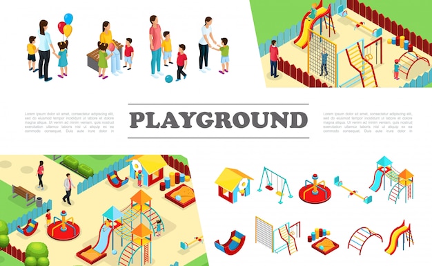 Isometric kids playground elements collection with slides swings playhouse seesaw ladders sandbox colorful bars parents with children