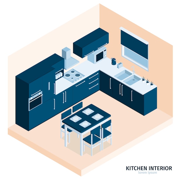 Free Vector isometric kitchen composition with text and indoor view of dining place with stove kitchenware and cabinetry