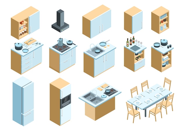 Free vector isometric kitchen interior set with isolated icons of range fridges tableware cabinets and tables with chairs vector illustration