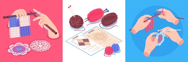 Isometric knitting  set of square compositions with human hands holding pins and colourful clews