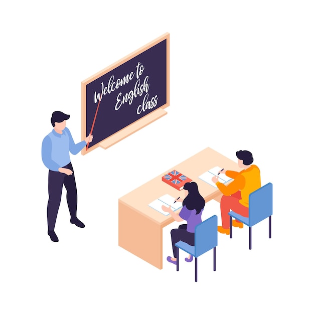 Free Vector isometric language center courses composition with character of teacher at blackboard with pupils at desk  illustration