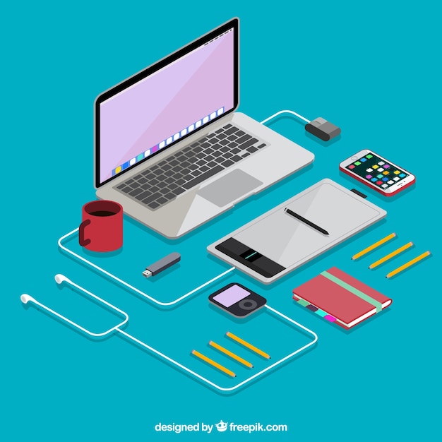 Free Vector isometric laptop with electronic devices