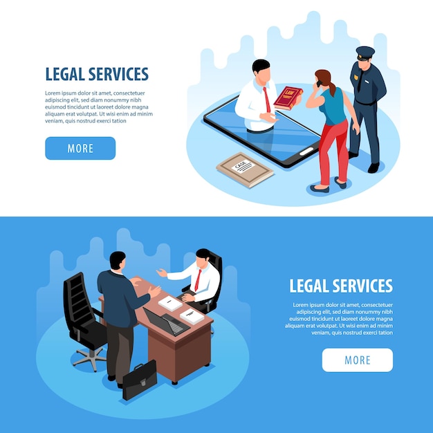 Isometric lawyer horizontal banners set