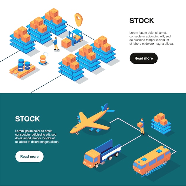 Free Vector isometric logistics banners set with text more button and storage facilities with different kinds of transport vector illustration