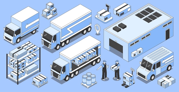 Isometric logistics set of isolated truck images warehouse building and boxes with loaders and worker characters vector illustration