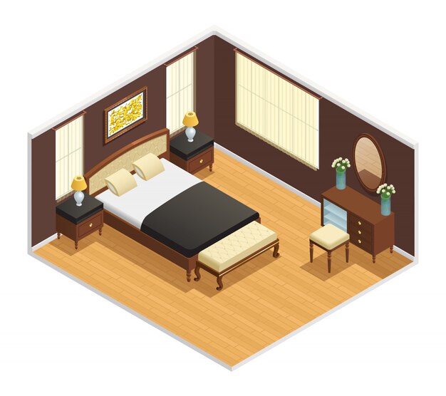 Isometric luxury interior for bedroom with double bed