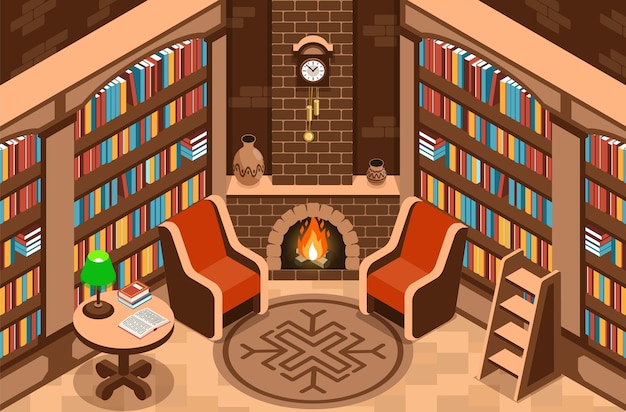 Free Vector isometric luxury library interior with fireplace and bookshelves vector illustration