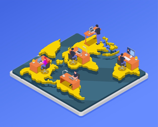 Free Vector isometric map with characters of remote workers from different parts of the world