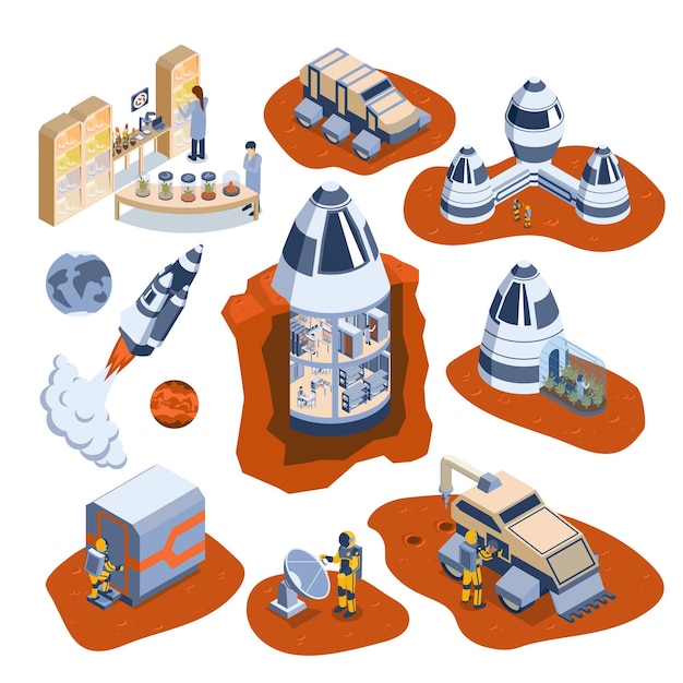 Free Vector isometric mars colonization icon set with astronaut on mars moonwalker rockets and other space elements vector illustration