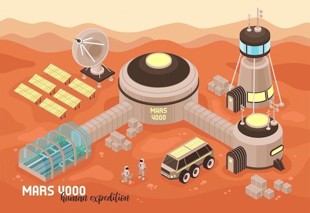 Free Vector isometric mars colonization landscape composition with text and martian terrain with extraterrestrial base buildings and people 