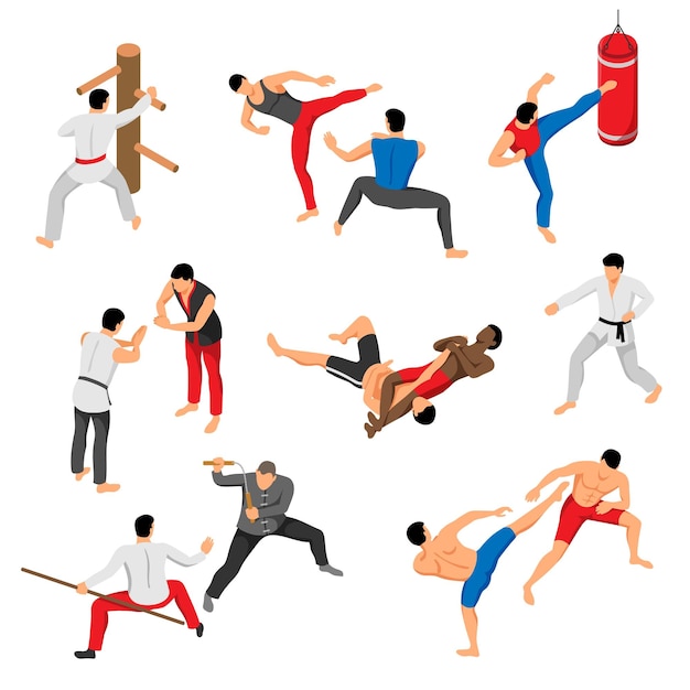 Free Vector isometric martial arts set with isolated characters of fighting men wearing traditional costumes on blank background vector illustration