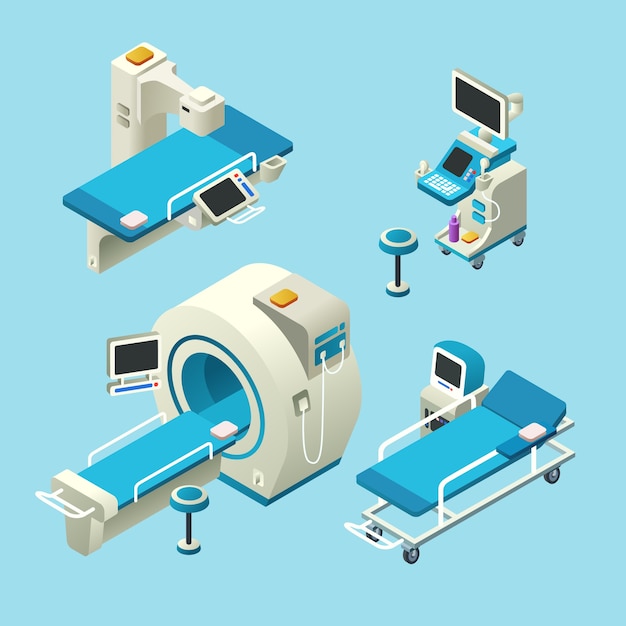 Isometric medical diagnostic equipment set. 3d illustration computer tomography ct