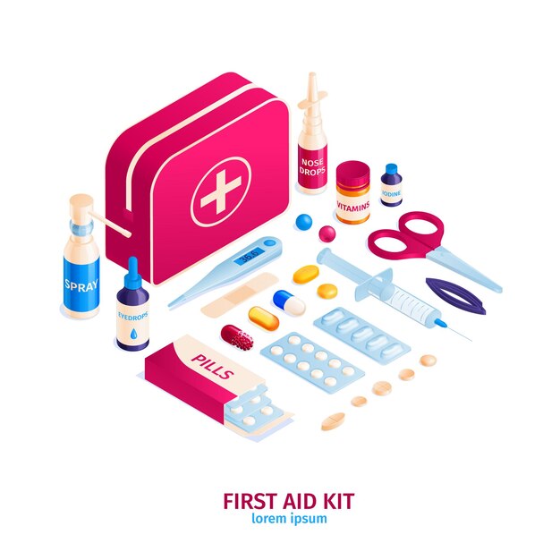 Isometric medicine pharmacy composition with first aid kit bag contents