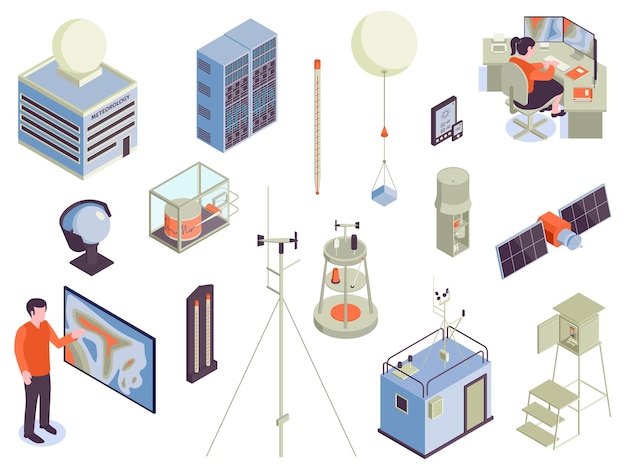 Free Vector isometric meteorological center set with isolated images pieces of weather observing electronic equipment with human characters vector illustration