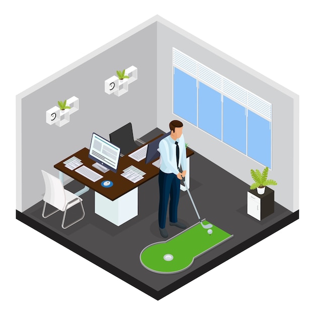 Free Vector isometric mini golf template with businessman playing game on small course in office