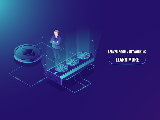 Free vector isometric mining farm server, extract crypto currency miner, server room