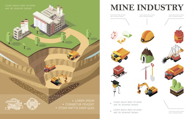 Isometric mining industry composition with factory industrial vehicles digging quarry mine precious stones dynamite shovel pickaxe trees hammer drill miner helmet