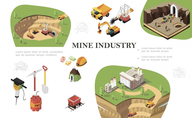 Isometric mining industry composition with industrial machines digging quarry miners working near mine factory drill pickaxe shovel dynamite trolley precious stones helmet