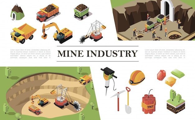 Isometric mining industry composition with quarry machine excavator heavy truck workers mine precious stones hammer drill pickaxe dynamite helmet shovel trees