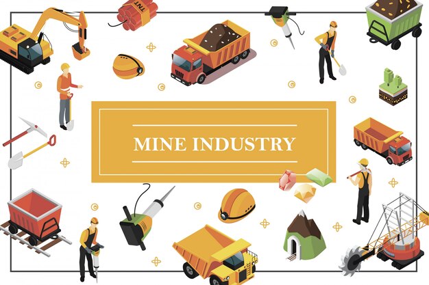 Isometric mining industry composition with quarry machine heavy truck excavator trolley miners hammer drill shovel pickaxe helmet precious stones dynamite mine