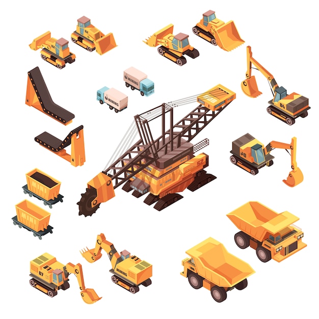 Free Vector isometric mining set of isolated machinery images 