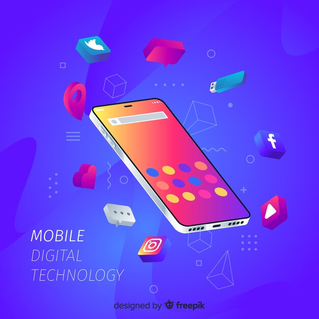 Isometric mobile phone surrounded by apps