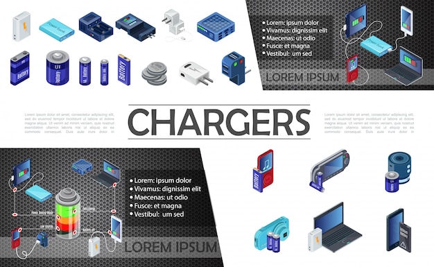 Free vector isometric modern chargers composition with power bank and batteries of different capacity for audio player mobile camera laptop