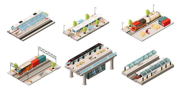 Isometric modern railway transport collection with locomotive freight and passenger trains isolated