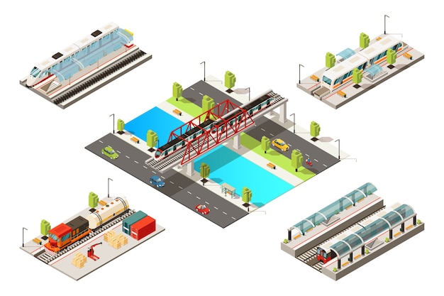 Isometric modern trains concept with passenger freight railway vehicles subway and bridge railroad isolated