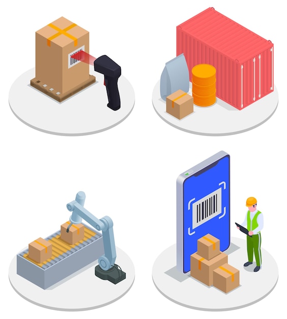 Free vector isometric modern warehouse icon set scanner storage bin robotic arm worker checks boxes against scanner on round stand illustration