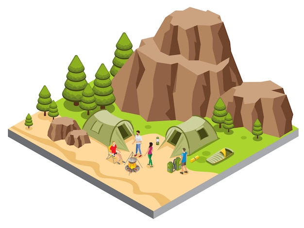 Isometric mountain camping template with tourists food cooking tents mat sleeping bag lantern trees