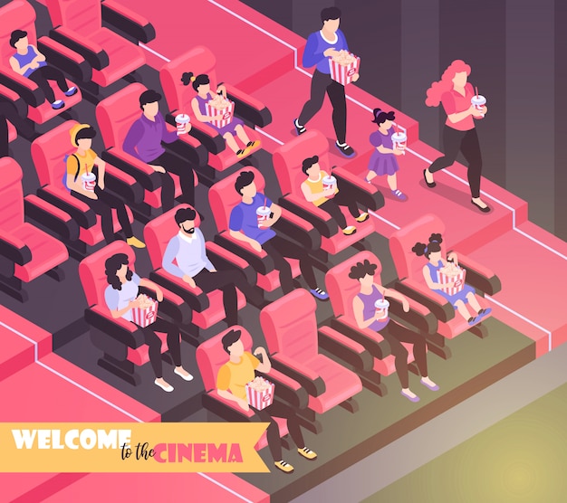 Free Vector isometric movie cinema composition background with indoor view of movie theater auditorium with chairs and audience  illustration