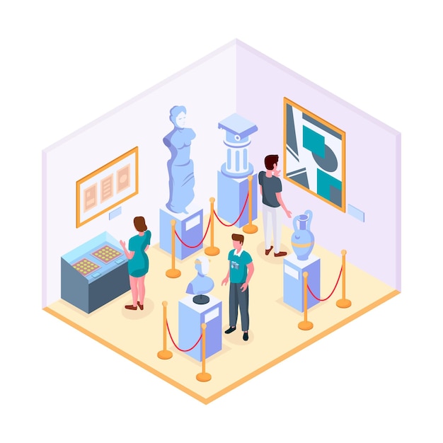 Free vector isometric museum illustration with artifacts