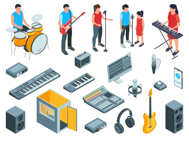 Free Vector isometric music studio people set with isolated icons of recording equipment and human characters of performers vector illustration