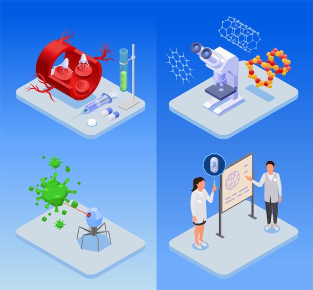 Free vector isometric nanotechnology nanomedicine set with nanorobots being used for diseases treatment characters of scientists microscope isolated on blue background vector illustration